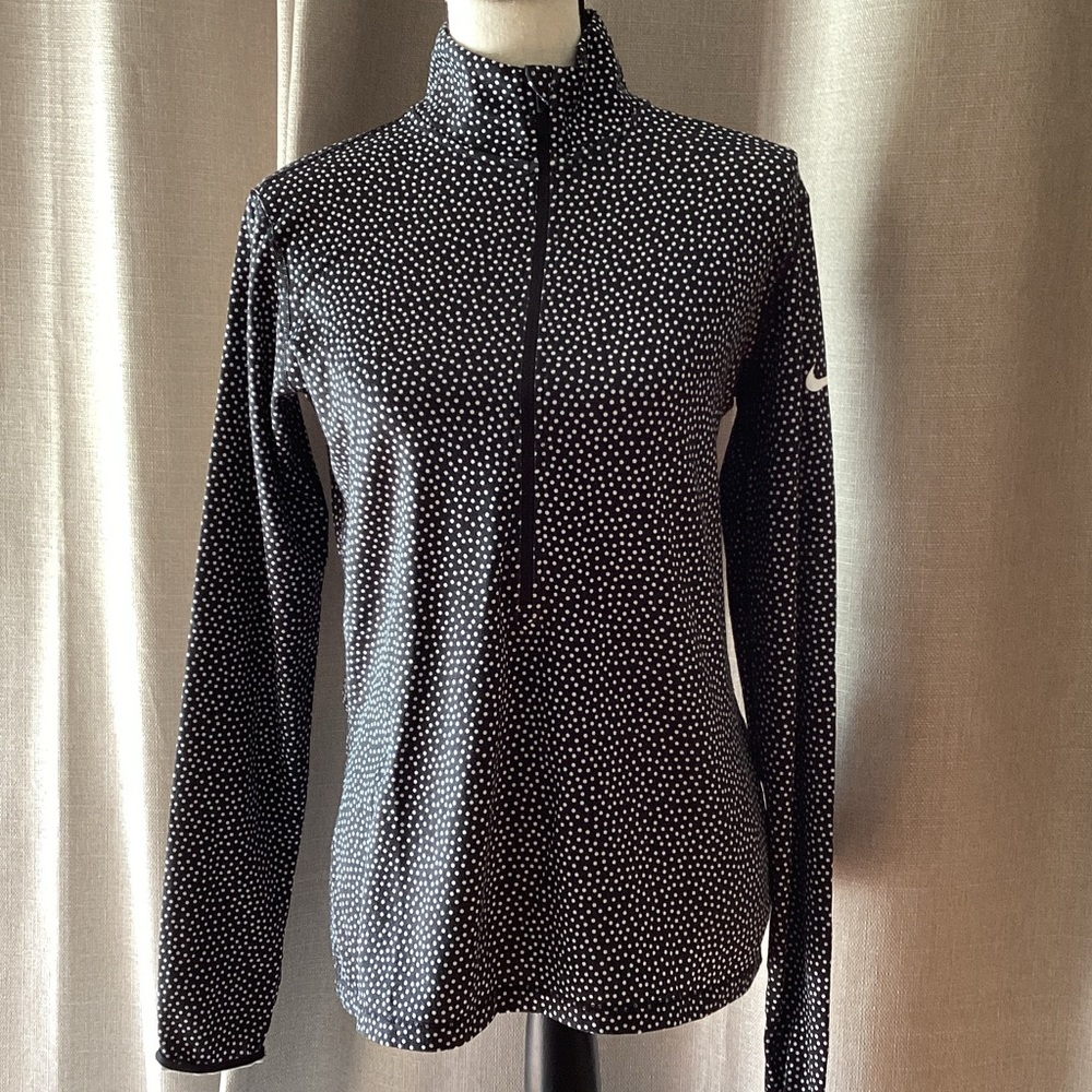 Nike Women's Black and White Polka dot, half zip dri fit top, size large.